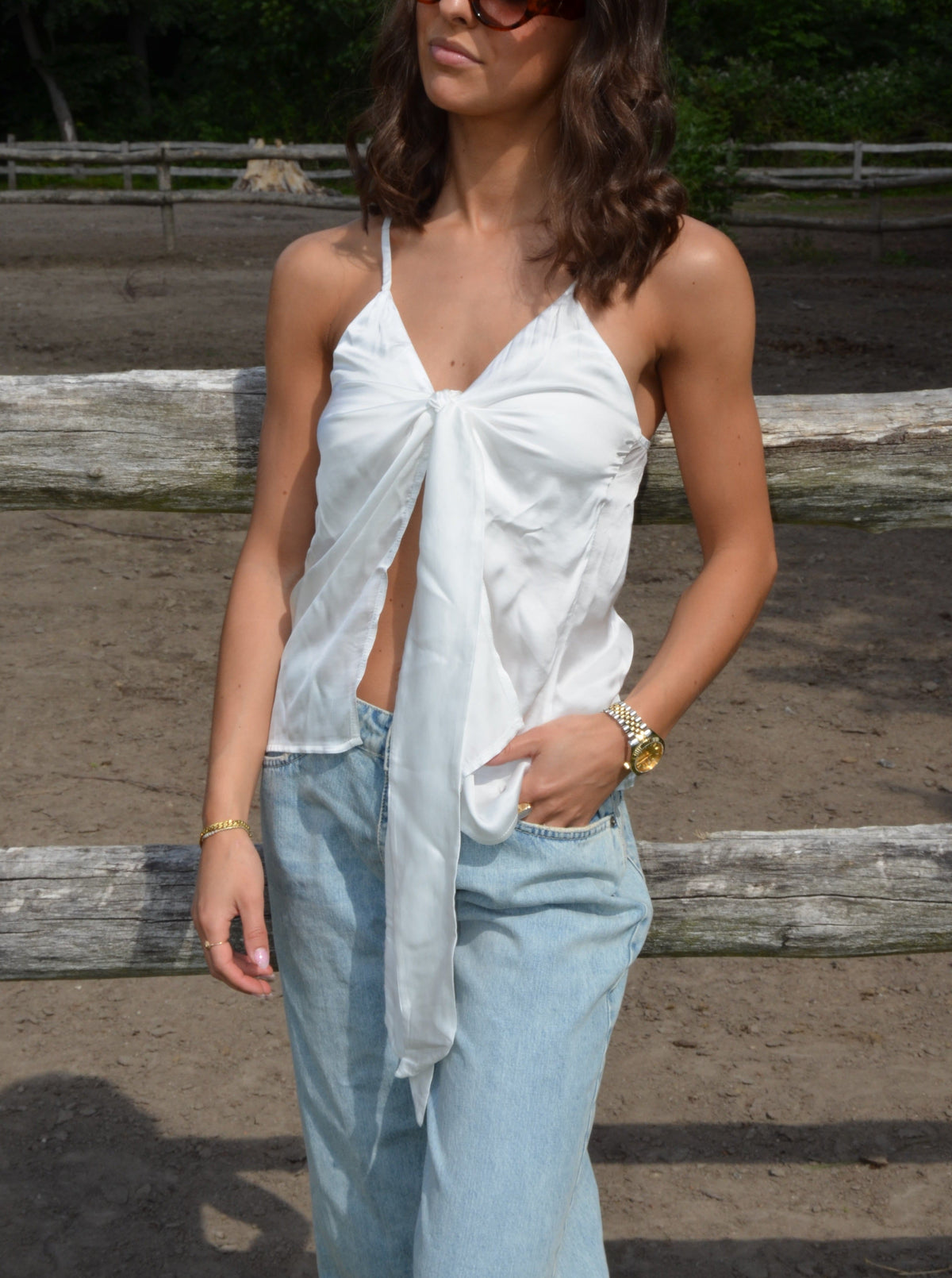 Blair satin tie top - White