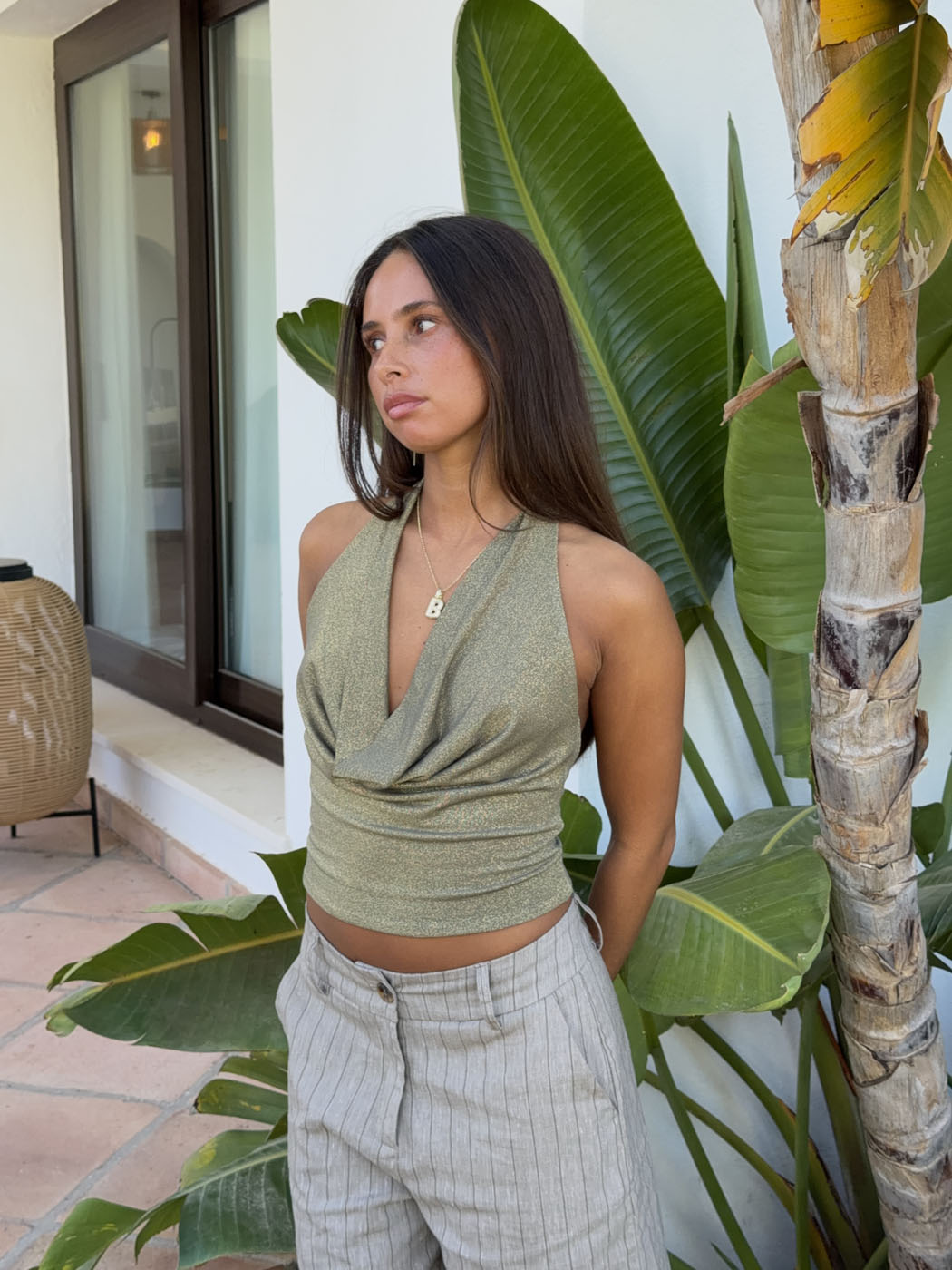 Martha halterneck top with glitter – Khaki