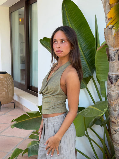 Martha halterneck top with glitter – Khaki