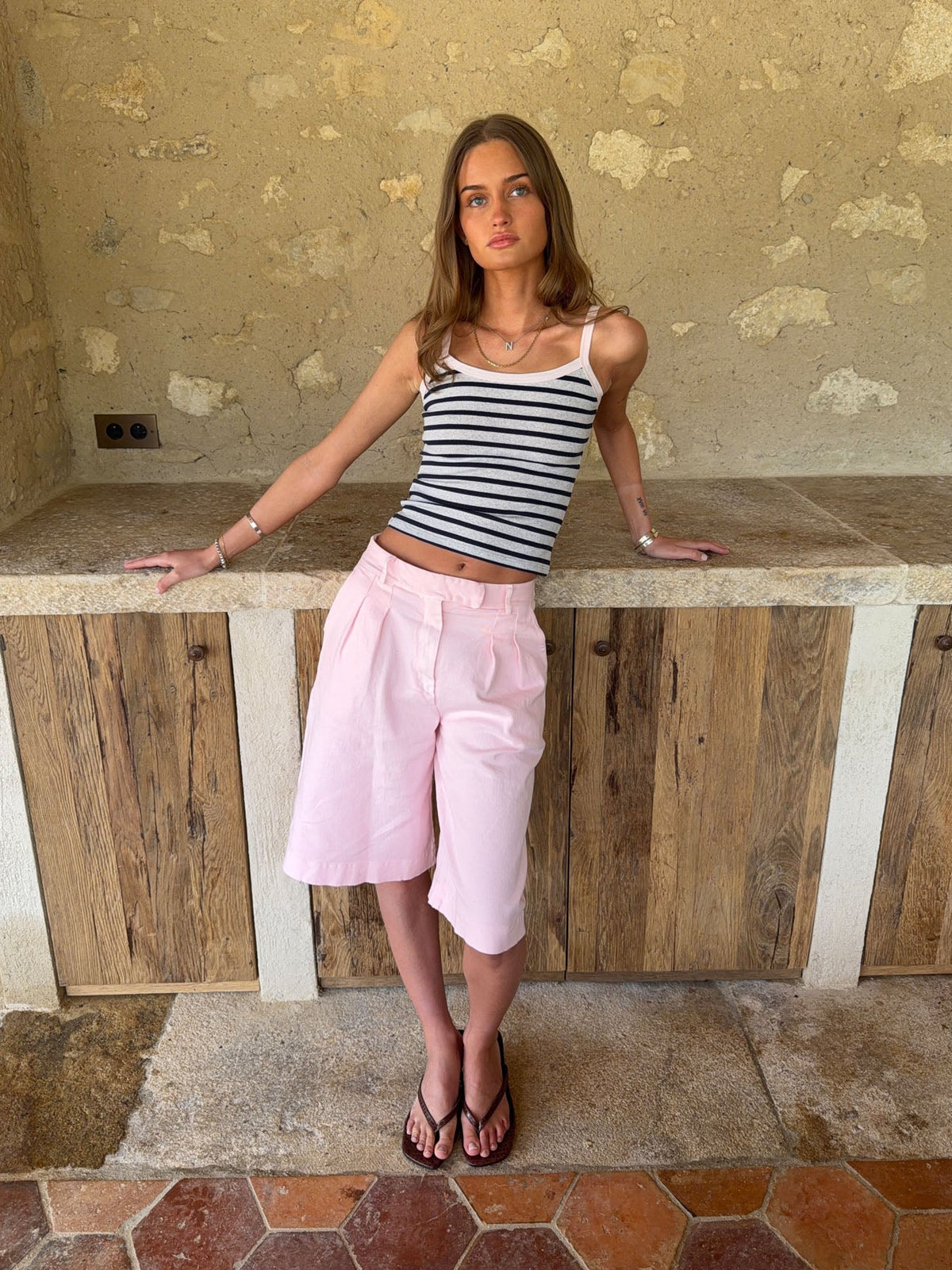 Wren tank top with stripes - Light grey/navy/pink